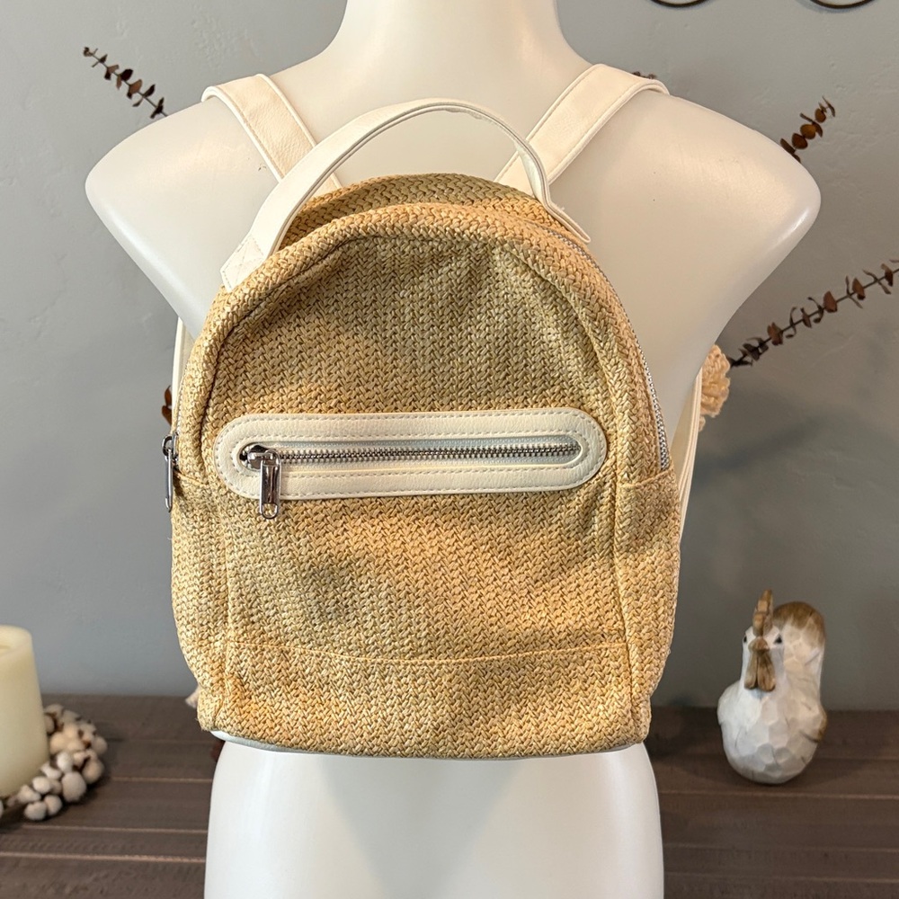 Wild Fable Woven Mini Backpack in Beige with Ivory Trim